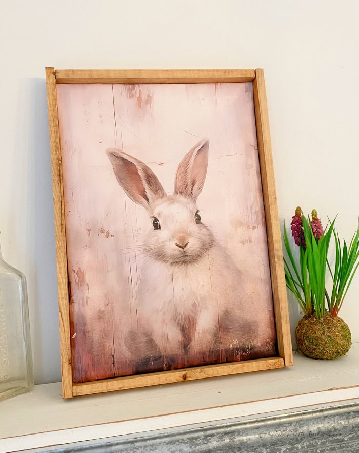 A  Easter bunny canvas sitting on a shelf with a crocus flower bulb sitting beside it.  The art canvas is frame in a simple rustic diy wood frame.