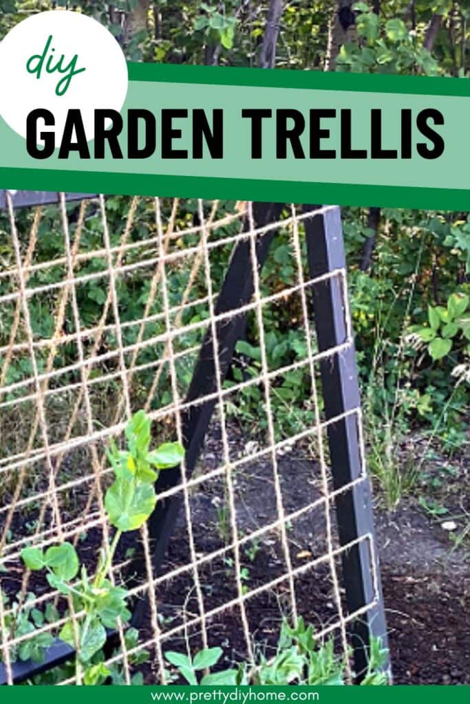 A folding DIY pea trellis standing in a vegetable garden with peas growing up the trellis. The overlay text says DIY Garden Trellis.