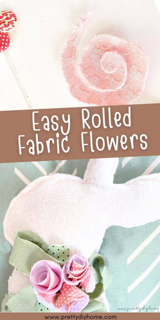 Two images of a rolled fabric floweers the upper image shows the cut fabric before its rolled. The lower image shows a collection of fabric flowers in and ribbon decorating a DIY Easter bunny cushion,