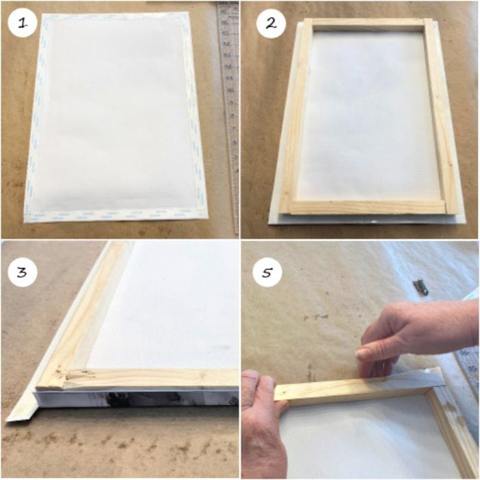 A collage of four steps that is part of the process for mounting a art canvas to a wooden mounting frame. Attaching doubled sided tape, centering the mountain frame, snipping the corners of the canvas, and folding the sides of the canvas to the frame until it adheres.