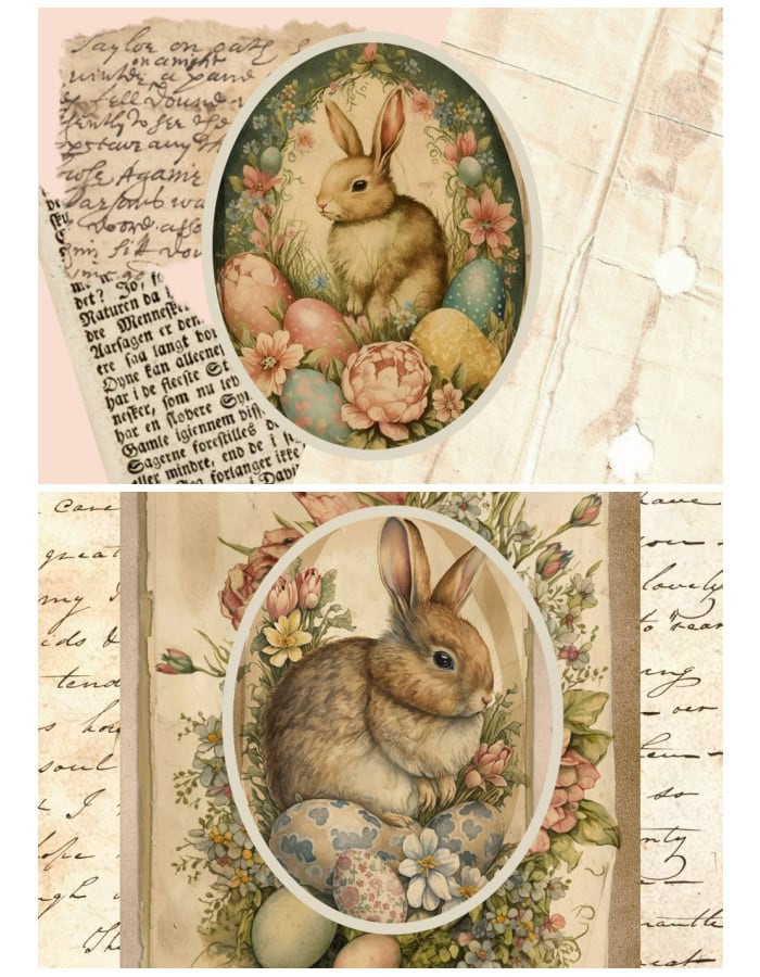 A collage of two different junk journal pages in cream and greens and pinks. Each one has an sweet bunny, easter eggs and is in soft feminine pastel colors.