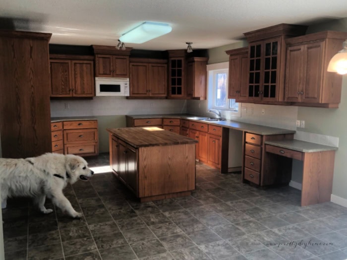 Kitchen before makeover its large but very dungy and dark.