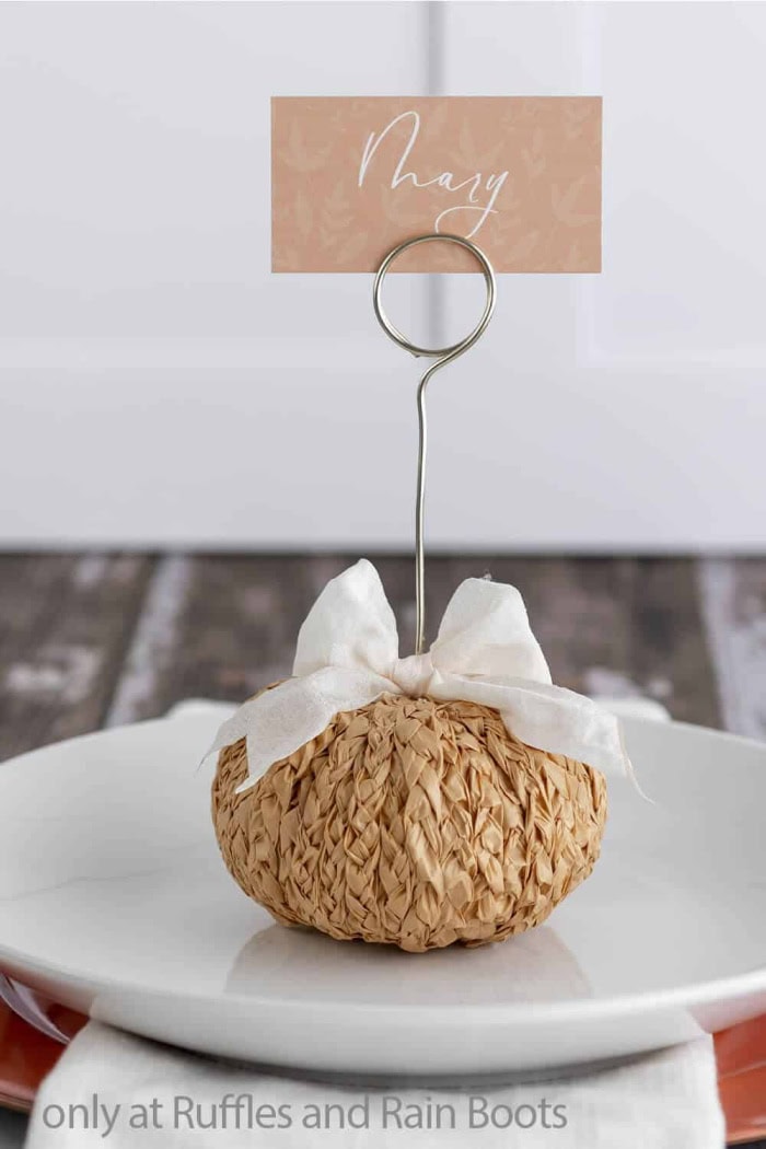 A table placeholder made from a raffia wrapped pumpkin thats decorated with a white bow.  The pumpkin placeholder includes a peg and a card with the name of the guest.