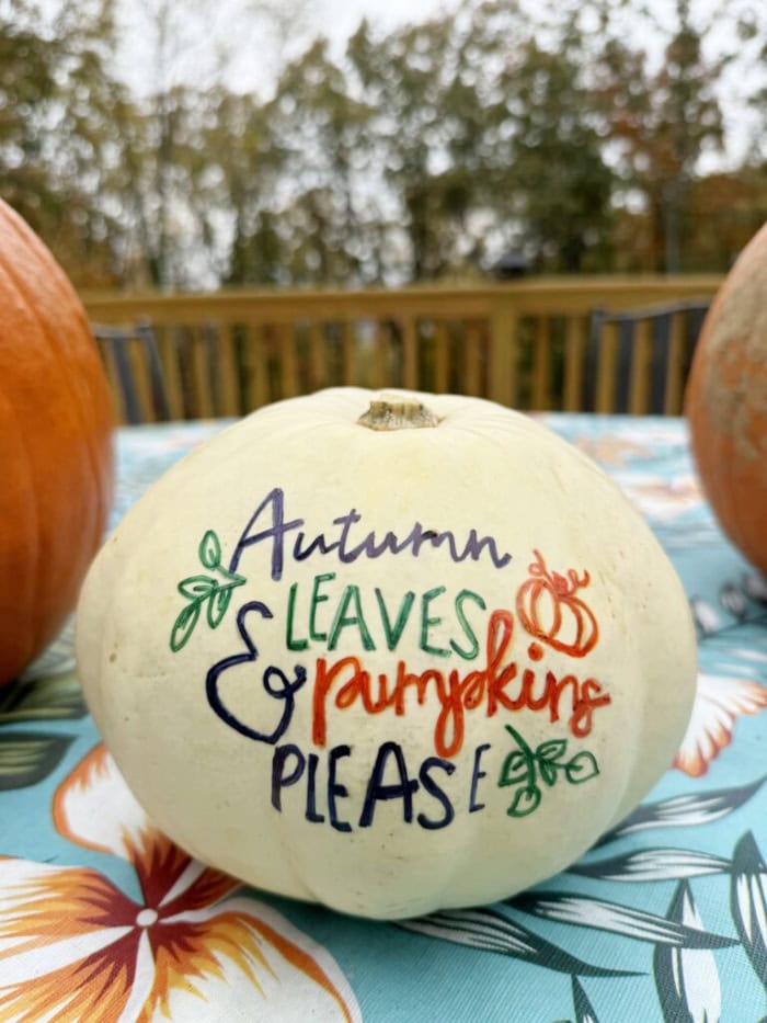 A white pumpkin decorated with autumn saying .  It says Autumn leaves & pumpkins please.  Tje wording is in dark blue, green and orange.