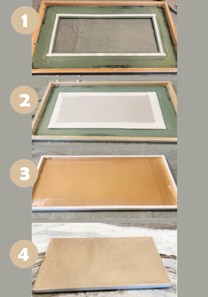 A collage showing the four steps of reassembling the frame of a thrifted piece of wall art.