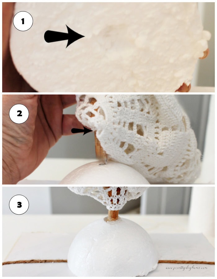 Three steps to adding a stem to a pumpkin bookstack. 1. A piece of styrofoam with a notch for the knot. 2 Inserting a spindle in the center of the doily. 3. Gluing the styrofoam to the book stack.