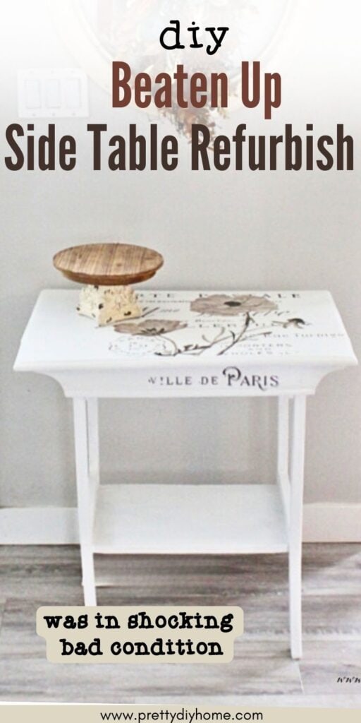 A white antique side table makeover diy thats been painted and repaired.  Its finished and sitting inside looking fresh, clean and usable again.
