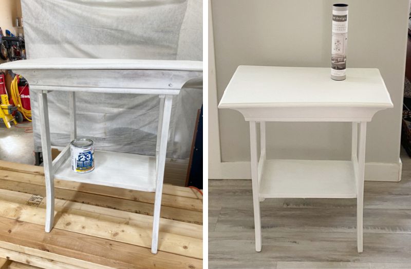 A collage with two images of the same side wood side table.  The first one the table is primed, the second one the table is painted with two coats and sanded in between