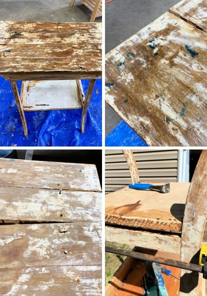 A collage of four different areas of damage on an old table.  The top seams are broken, theirs ink stains, large holes from nails, and the bottom is not attached.