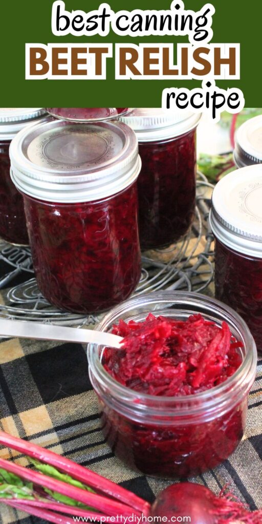 Several jars of canned beet relish stack in the background on a plaid kitchen towel.  In the front is an open jar of the beet relish recipe showing the relish with a fork in it.  