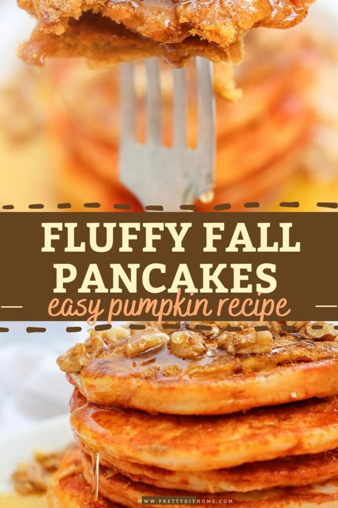 Fluffy pumpkin pancakes being drizzled with a small conainer of maple syrup