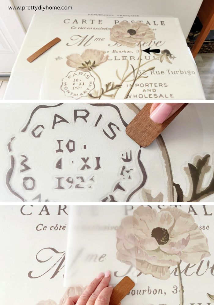 A collage of the 3 steps of adding a furniture transfer, aligning, rubbing transfer onto painted furniture, and pulling away the cover ensuring it transferred.