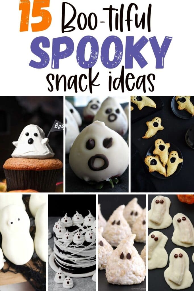 A collage of seven different ghost themed Halloween treats, there are ghost rice krispie treats, banana ghost treats, nutter butter ghost treats, a large chocolate cake with ghost decorations, ghost strawberries, ghost pie, and ghost cupcakes.