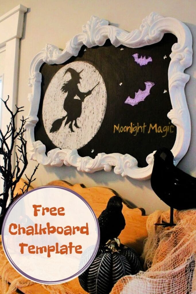 A Halloween chalkboard art diy with an upcycled frame. The chalkboard diy is hanging over an antique cabinet thats been decorated with black sparkly tree, and sparly crow decorations.
