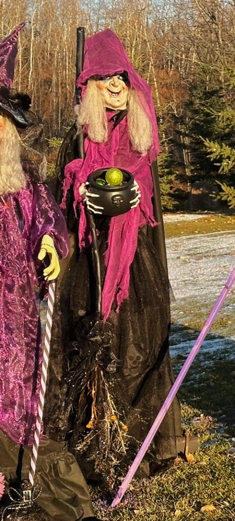 Updated Halloween witch with a black skirt, and cape.  She also has skeleton lace and a beautiful sparkling witches broom.