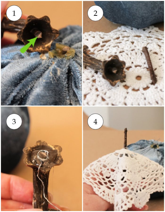 Adding length to a pumpkin skin, showing the center, adding a second piece, gluing and then fitting through the doily.