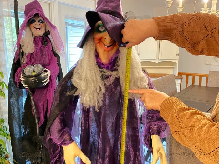 Measuring the heigh of the fabric needed for a witch garment.  The witch is there with the measuring tape and I am pointing to the length of landscape fabric needed.