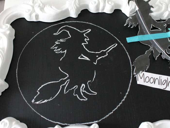 A newly traced witch themplate with a circle. It has not been filled in with chalk yet.