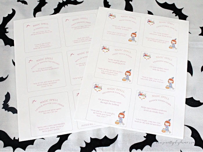 Two sheets of free printables Halloween witch spells one for adultss and one for children.