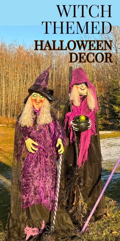 Two life sized witch props in purples, black and sparkles standing on a front lawn for Halloween outdoor decor.  