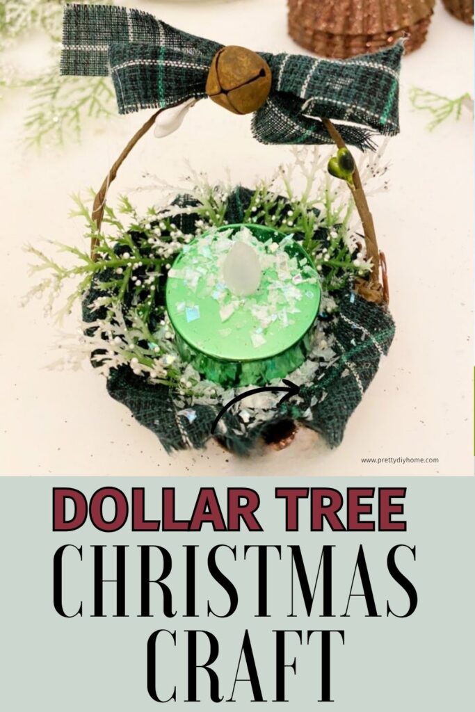 Rustic tart tin Christmas ornament made with tartan fabric, Dollar Tree wire, and small flameless candle, photographed hanging on a Christmas tree as a cozy handmade decoration.