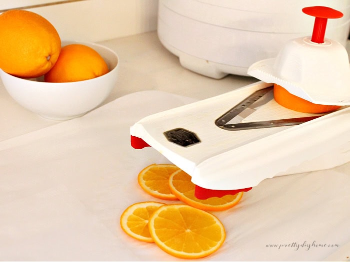 Cutting fresh oranges into even slices with a mandoline before drying them in a dehydrator.
