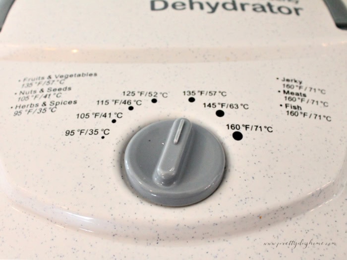 Dehydrator temperature dial set to 135 degrees Fahrenheit for drying orange slices.