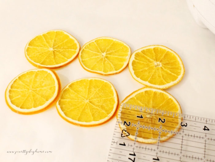 Dried orange slices measured beside a ruler showing shrinkage after dehydrating.