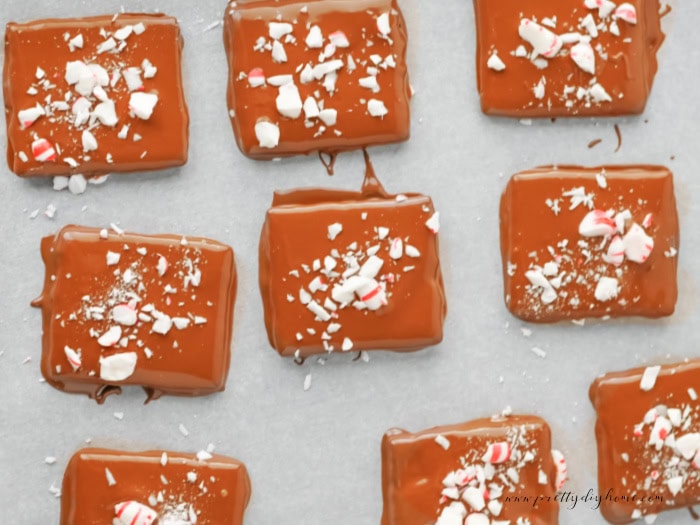 Milk chocolate covered graham crackers on parchment paper with peppermint topping.