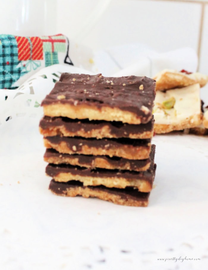Stack of milk chocolate Ritz cracker toffee pieces