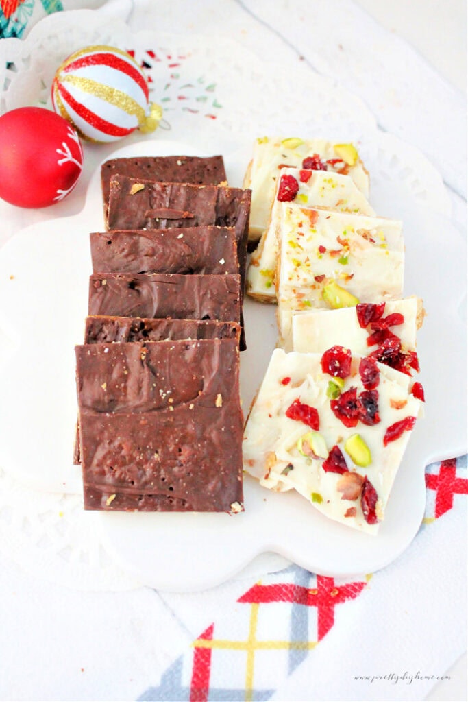 Two flavors of Ritz cracker toffee on a tray