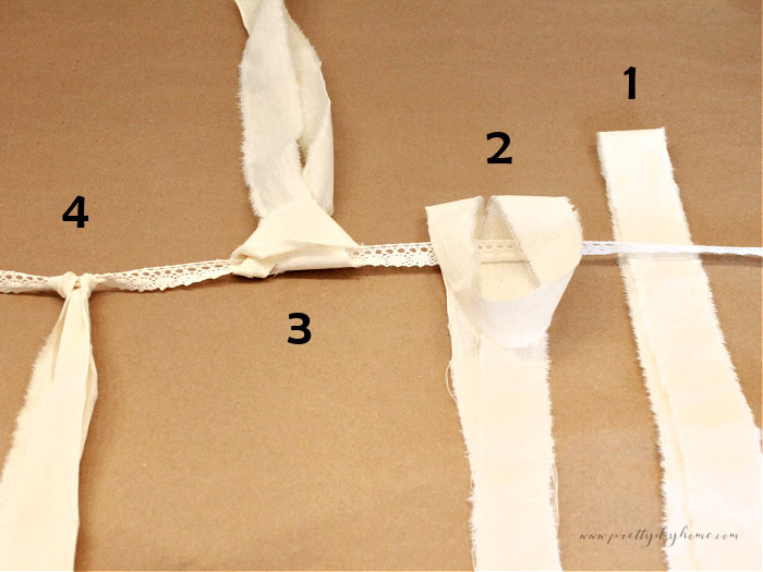 Step by step photo showing the four stages of tying muslin strips onto lace to make the angel’s skirt, labeled 1 through 4.
