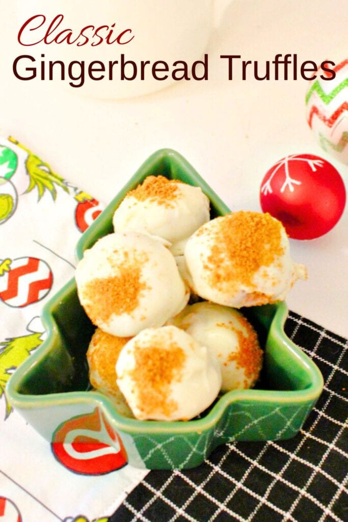 Finished gingerbread truffles on a green Christmas tree shaped serving plate ready to enjoy. The overlay text says classic Gingerbread Truffles.