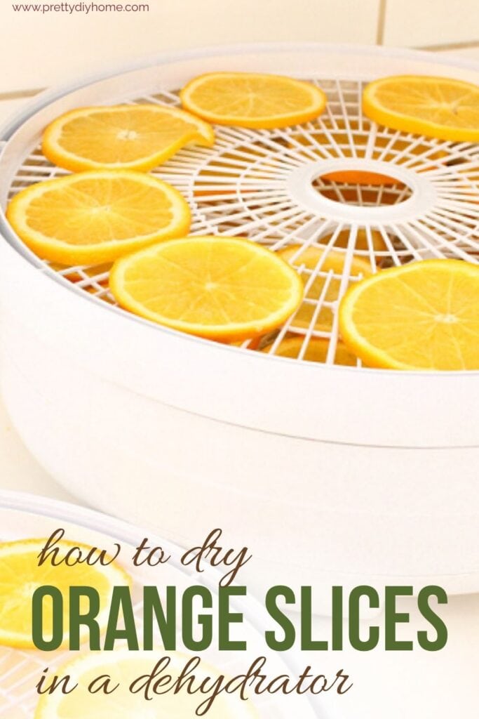 A dehydrator filled with oranges that have been dehydrated. The caption says how to dry oranges slices in a dehydrator.