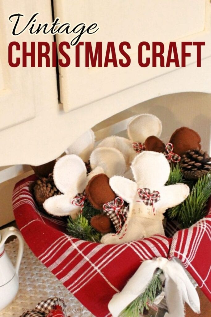 A bowl filled with handmade fabrc scented gingerbread men bowl fillers.  Some of the gingerbread are mimicking white sugar cookies, the rest are traditional brown gingerbread.