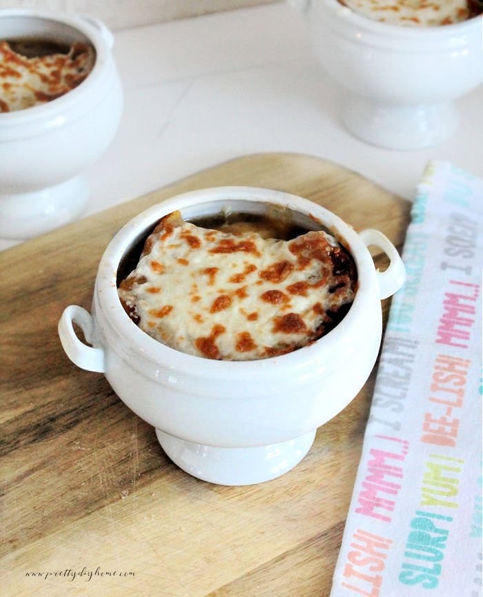 Classic French onion soup topped with melted cheese
