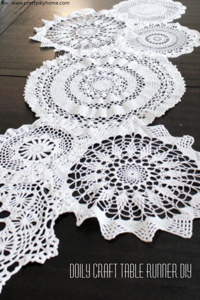 Finished doily craft table runner made from vintage doilies, styled on a dining table