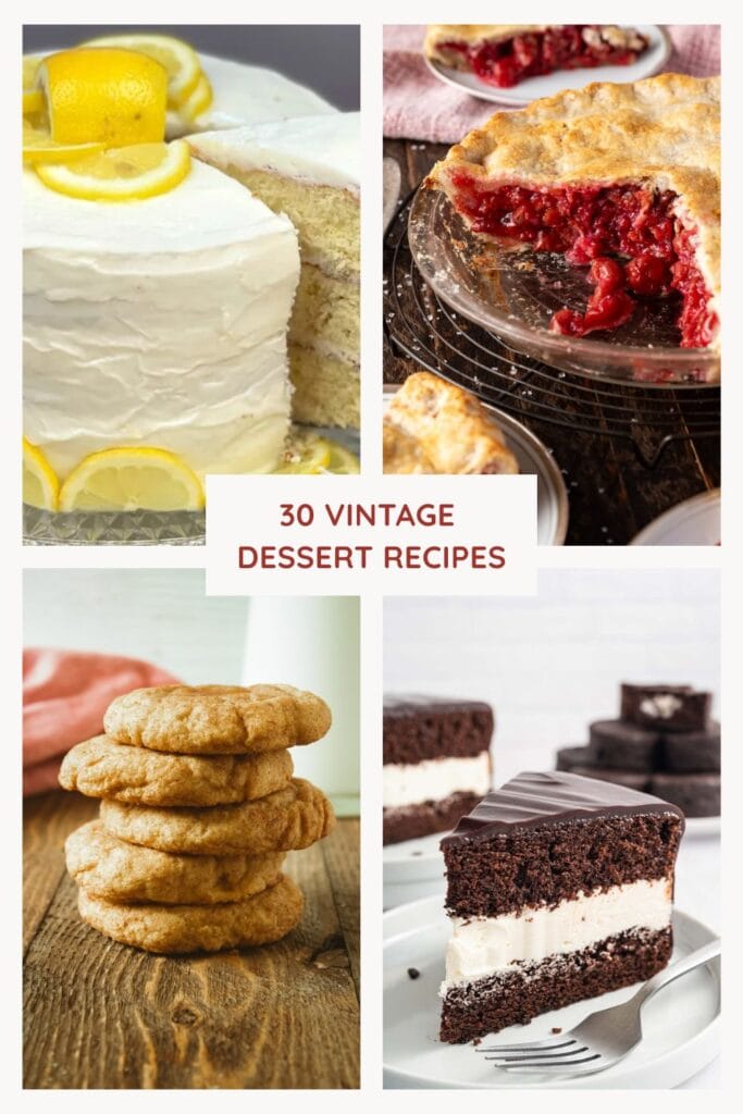 A collage featuring a slice of Ding Dong cake, a sour cherry pie, a three-layer lemon cake, and old fashioned donuts, representing a collection of vintage dessert recipes.