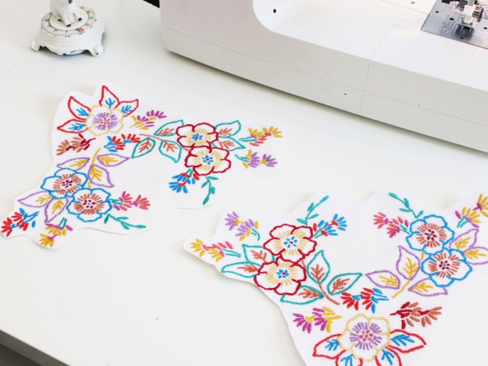 Cut out embroidered linen flowers ready to appliqué onto a DIY Easter bunny