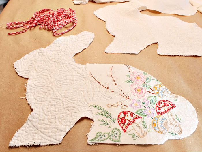 Vintage linen embroidery fused with interfacing for a DIY Easter bunny appliqué