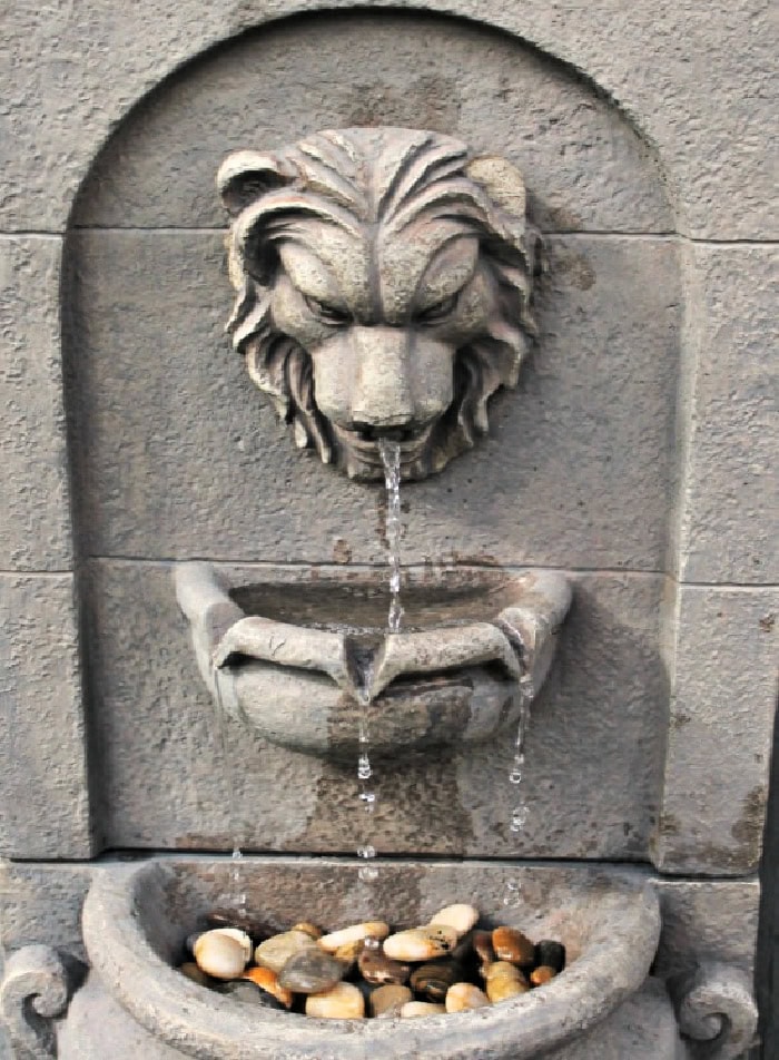 Checking the water flow after completing the DIY water fountain repair. You can see the water flowing from the lion's head to the rocks in the fountain basin below.