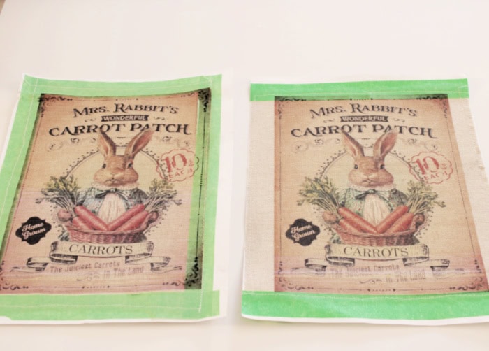 Two printed bunny designs on linen fabric prepared for the DIY bunny wall pocket.