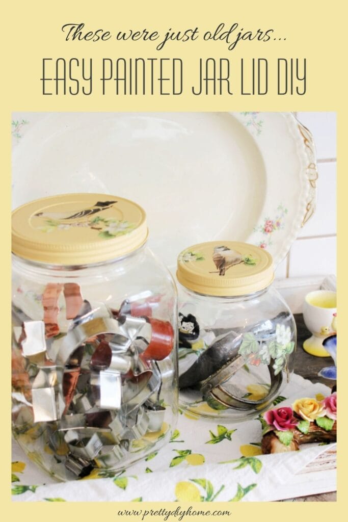 Vintage glass jar storage idea with painted lids and text overlay These Were Just Old Jars