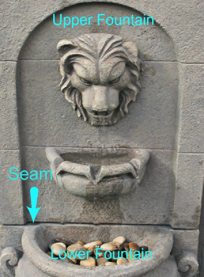 Upper and lower sections of the concrete water fountain labeled with arrows.