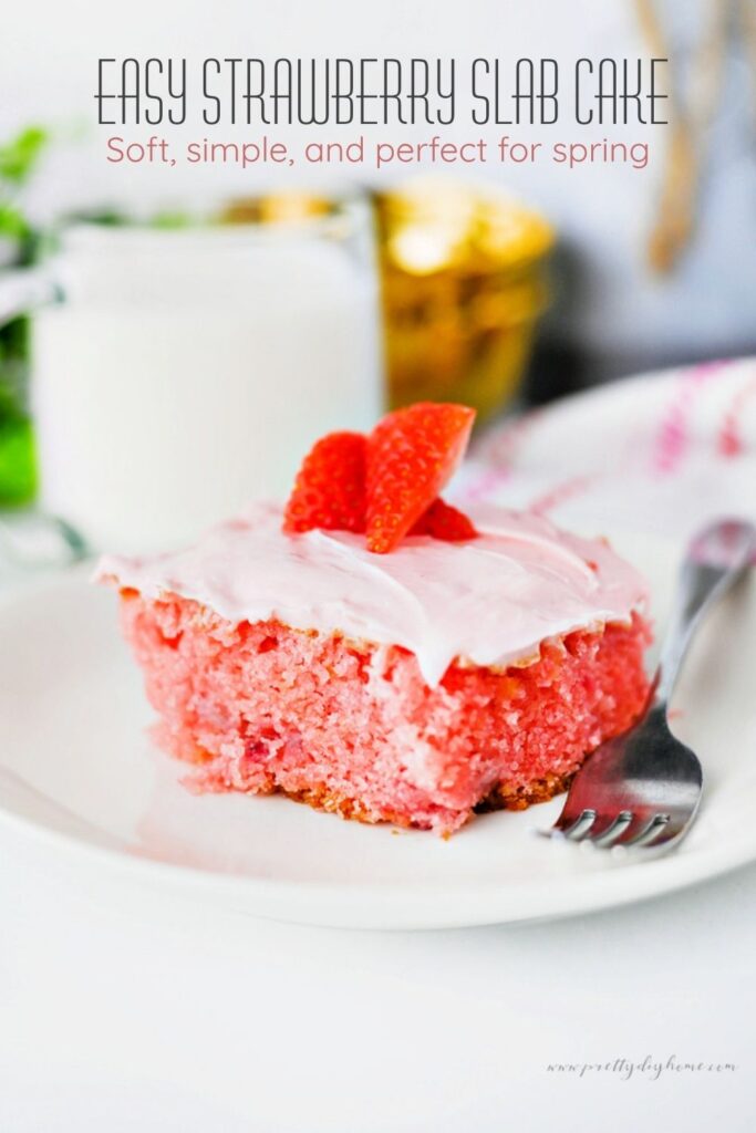 Easy strawberry slab cake with cream cheese frosting and fresh strawberries perfect for a simple spring dessert.