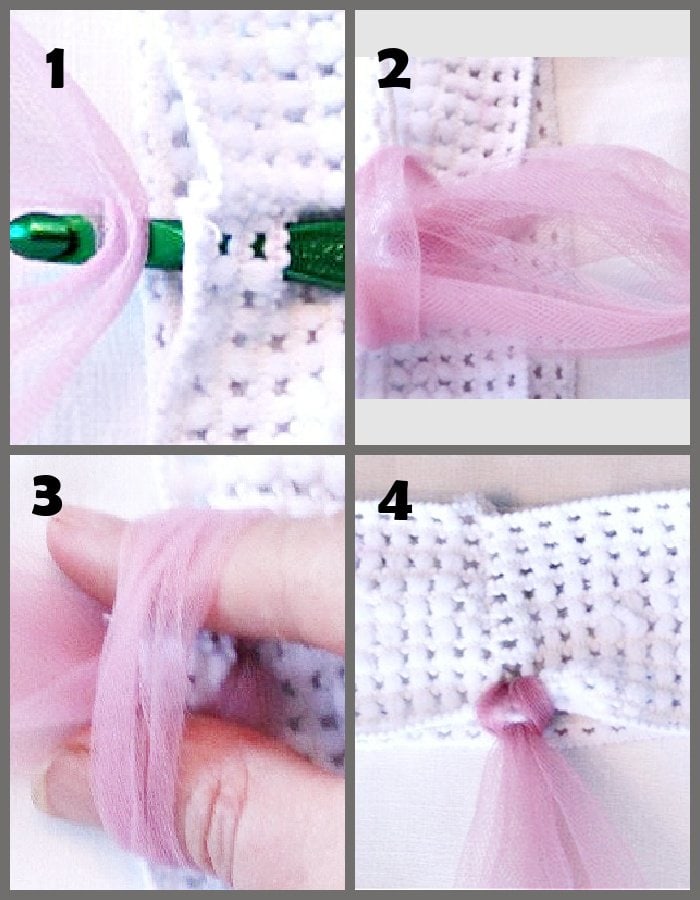 The four steps for tying tulle strips while making a tutu.  