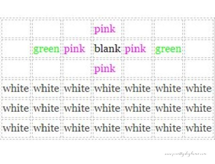 A simple pattern of squares showing how to tie strips of tulle fabric for making petals on a no sew tutu for children.