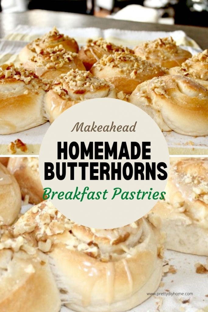 Light and fluffy yeast Butterhorns covered with vanilla glaze and walnuts.