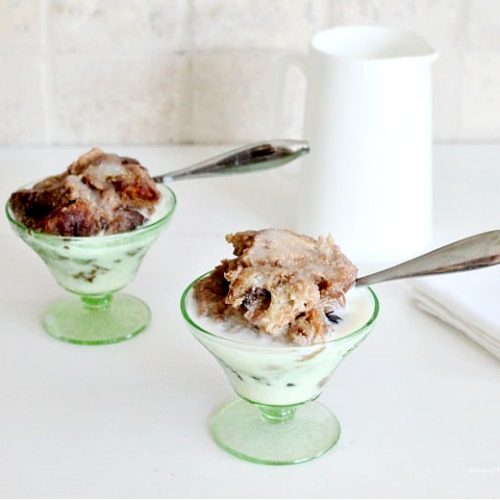 Pumpkin bread pudding served as a dessert in fancy depression dessert dishes.