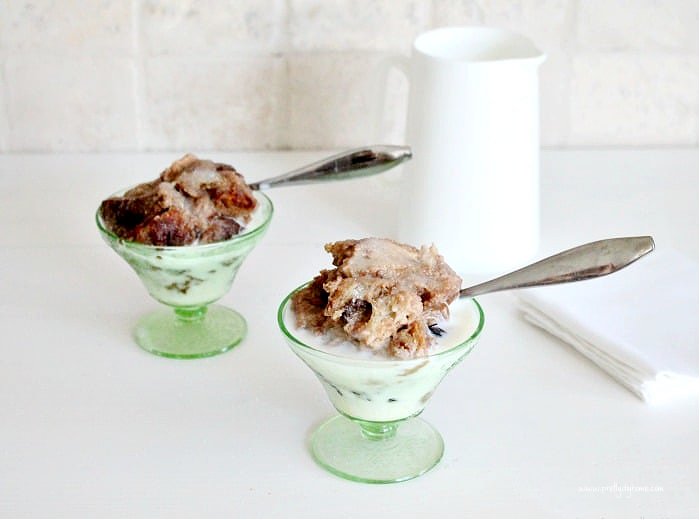 Pumpkin bread pudding served as a dessert in fancy depression dessert dishes.